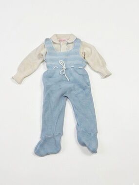 Vintage Knit Footed One-Piece in Light Blue and Cream